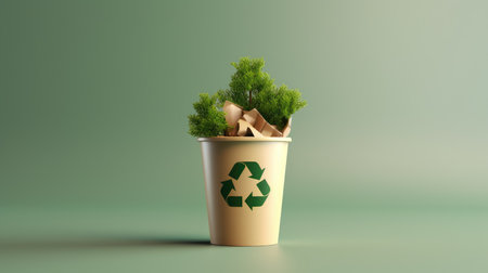 3d render of recycle bin with green plant on green background.の素材