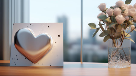 Heart in a vase on a wooden table. 3d renderingの素材