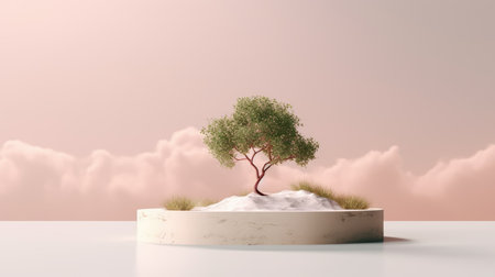 3d render of a tree on a podium in the sky.の素材