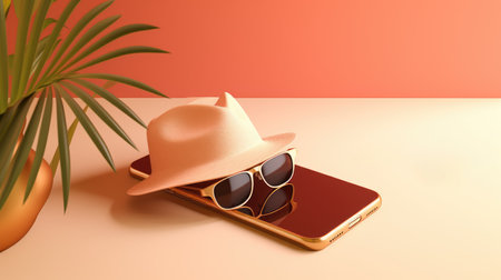 3d illustration of mobile phone with hat and sunglasses on the tableの素材