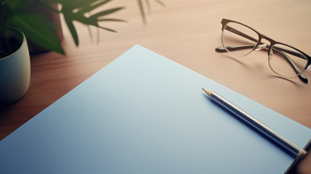 Pencil, eyeglasses and notebook on wood table with copy spaceの素材
