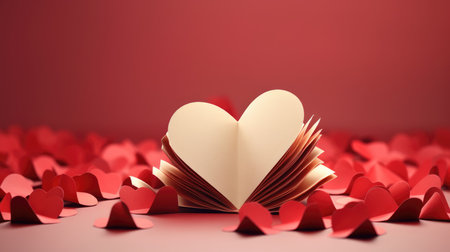 Paper hearts and book on red background. Valentine's day concept.の素材
