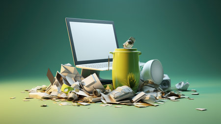 Recycling garbage and laptop computer on green background. 3d illustrationの素材