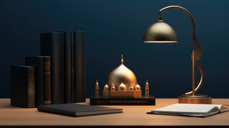 3d render of table with books, lamp and mosque. Ramadan Kareem conceptの素材
