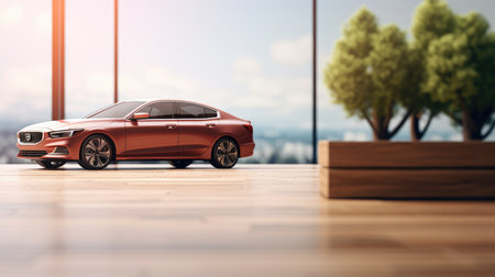 Side view of modern red car on wooden floor in sunlight. 3d renderingの素材