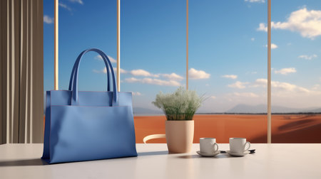 Blue bag on white table with coffee cup and plant in pot. 3d renderingの素材