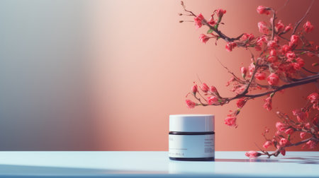 Cosmetic cream jar on white table with cherry blossom in backgroundの素材
