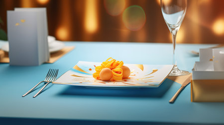 Luxury table setting with yellow pasta and champagne. 3d renderingの素材