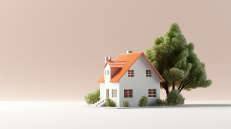 3d render of a small house with trees in the background.の素材