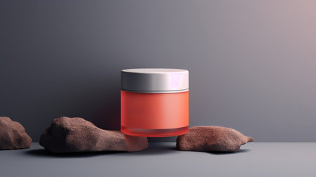 3D rendering of a cosmetic jar with a red cap on a gray backgroundの素材