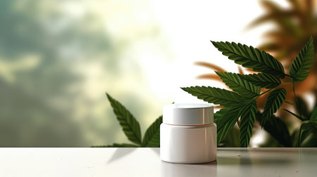 Cannabis cosmetic cream container with marijuana leaf, 3d renderの素材