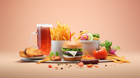 Fast food concept. Hamburger, french fries, juice and vegetables on a pink backgroundの素材