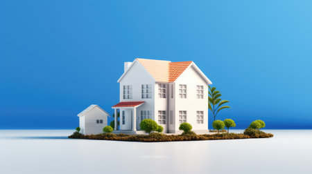Real estate concept. 3d render of house on blue background.の素材