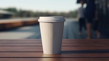 White paper coffee cup on the wooden table in front of blurred backgroundの素材