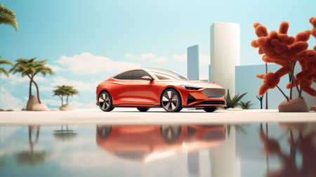 3D rendering of a red car on the beach with palm treesの素材