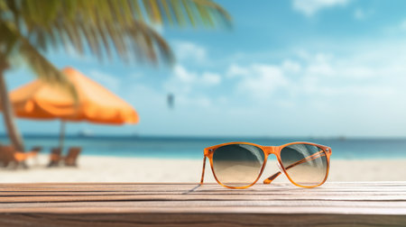Sunglasses on wooden table over blur beach background with bokeh image.の素材