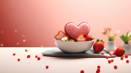 Heart shaped bowl with fresh strawberries and flowers on table against color backgroundの素材