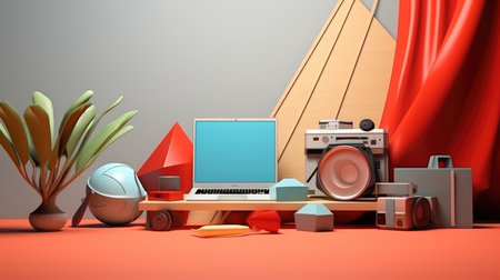 3d illustration of home office workspace with laptop, camera and other objectsの素材