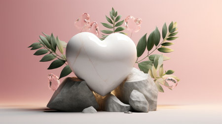 3d rendering of heart shapele and green leaves background.の素材