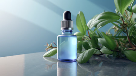 Glass dropper bottle of essential oil with green leaves on table. 3d renderの素材