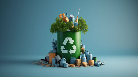 3d illustration of recycling symbol in green trash can with garbage.の素材