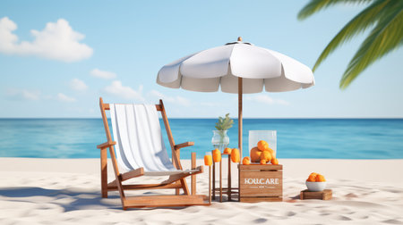 Beach chair with umbrella and oranges on the sand. 3d renderingの素材