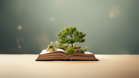 Tree growing out of an open book. Conceptual image of education and knowledge.の素材
