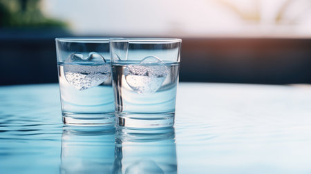 Two glasses of water on the table in the swimming pool. Close-upの素材