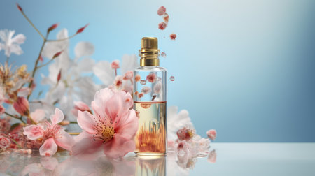 Perfume bottle with pink sakura flowers on blue background.の素材