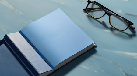 Notebook and eyeglasses on a blue background, close upの素材