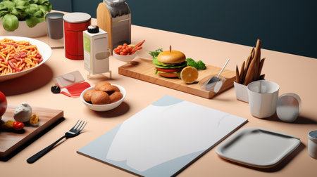Top view of table with hamburgers, cutlery and blank paper sheetの素材