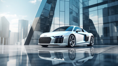 3D rendering of a brand-less generic concept car in the cityの素材