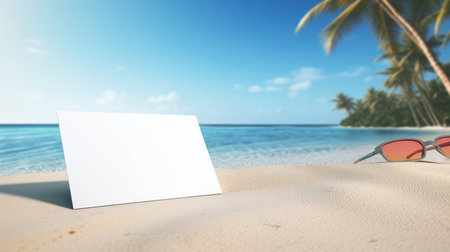 Blank card on sandy beach with palm tree and sunglasses. 3d renderingの素材