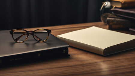 glasses and book on the wooden table, education and reading conceptの素材