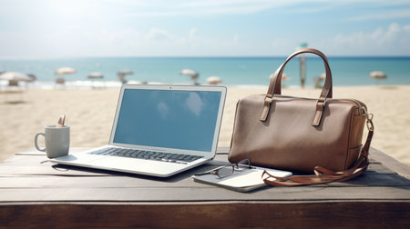 Laptop computer with leather bag and coffee cup on the beach.の素材