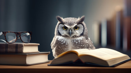 Owl sitting on a book with glasses and books in the backgroundの素材