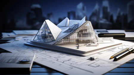 Architectural project with house model and blueprints. 3d renderingの素材