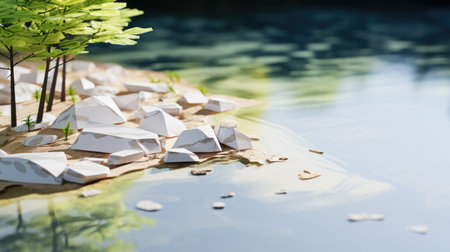 Paper boat in the pond, selective focus, shallow DOF.の素材