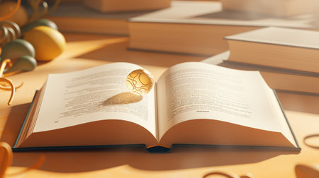 Open book with easter eggs on wooden table. 3d renderの素材