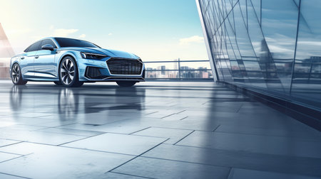 3D rendering of a brand-less generic concept car in the cityの素材