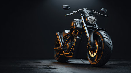 3D render of a custom chopper motorcycle on a dark backgroundの素材