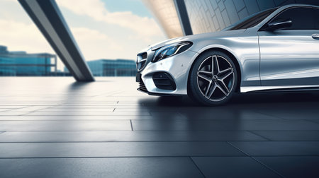Side view of a silver sports car parked in the city. 3D renderingの素材