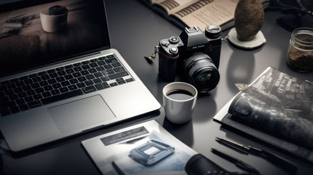 Laptop, camera, coffee cup and magazine on black table.の素材