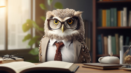Owl in glasses and a tie sitting at the desk in the officeの素材