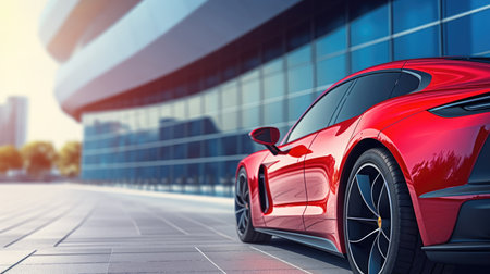 Modern red sports car on the background of the city. 3d renderingの素材