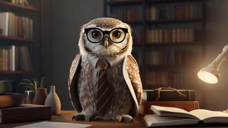 Owl in glasses and a tie sitting on a table in the libraryの素材
