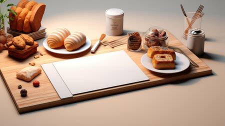 Blank menu mockup on wooden table. 3d illustration.の素材