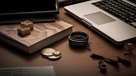 Laptop, coffee cup, books, watch and notebook on wooden tableの素材