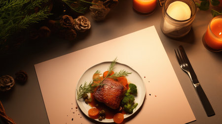 Roast duck with carrots and dill on a white plate.の素材