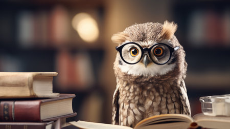 Owl with glasses and books on the background of the library.の素材